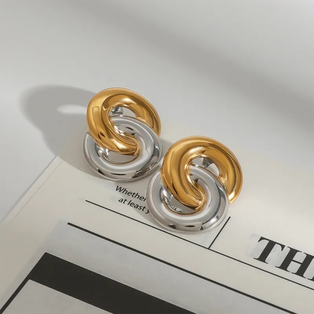 Elegant Mixed Metal Geometric Studs, Stainless Steel 18K Gold
